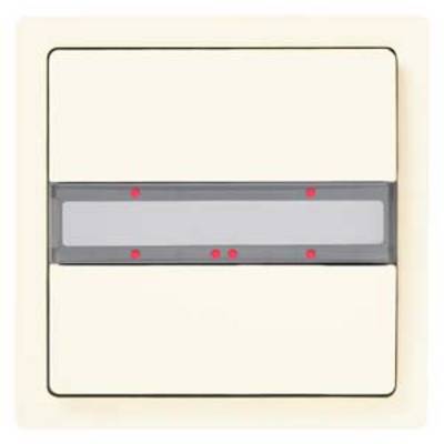 A white double light switch with a red LED light in the centre, mounted on a wall.