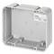 Grey-white plastic box with rounded corners, mounted or prepared for wiring, with manufacturer's label and CE marking.