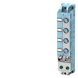 Industrial component, a slim, vertical module with blue connectors and lights; primarily for technical or electrical applications.