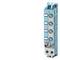 Industrial component, a slim, vertical module with blue connectors and lights; primarily for technical or electrical applications.