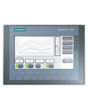 A grey Siemens SIMATIC HMI panel with a touchscreen displays a line graph and has several buttons for operation.