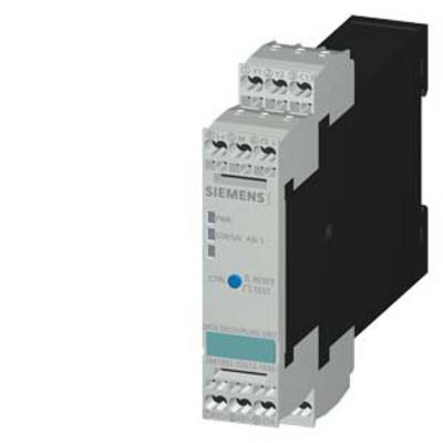 Siemens safety relay in a black housing with multiple terminals and an LED status indicator.