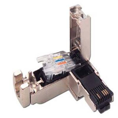 RJ45 plug consisting of metal and plastic components. The plug shows an open cover with visible cable connections.