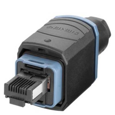 A black adapter with an RJ45 plug and socket, suitable for network cable connections, viewed from the front.