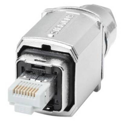 A silver Ethernet plug shows the network connection interface with contact pins and a robust housing.