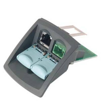 Network socket plate with two Ethernet ports and a telephone socket, angled view.
