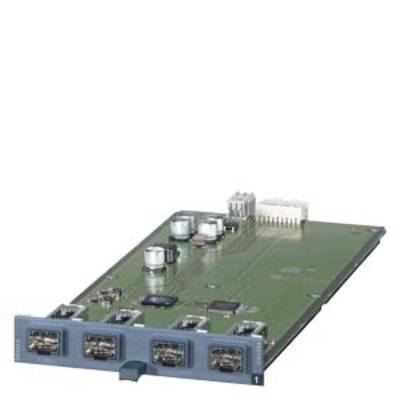A green electronic board with four RJ-45 ports and multiple capacitors, used for network connections.