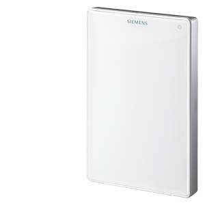 A white Siemens room temperature sensor with a simple design, for temperature control in indoor spaces.