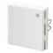 A white, square sensor with a subtle flower design on its top surface. It has side ventilation slots and is mounted on a wall.