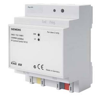 'Siemens KNX IP Control Centre N152' switching device, mounted on a wall. Main component for intelligent building management.