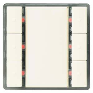 A white light switch with eight side buttons on a rectangular panel, potentially for complex lighting control.