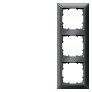 Black triple socket or switch frame, rectangular with three recesses, vertically arranged.