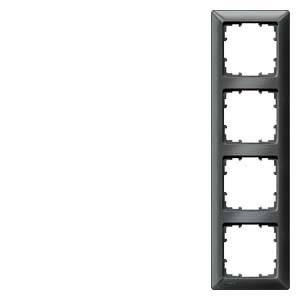 'A four-gang black frame for sockets or switches with square cut-outs, suitable for wall mounting.'
