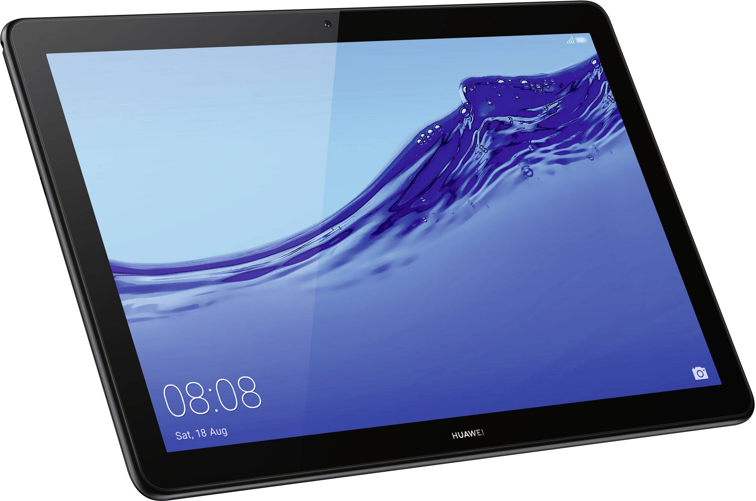 A tablet with a black frame displays a blue wave effect on the screen. In the bottom left corner, the date 'Sat, 18 Aug' is visible.