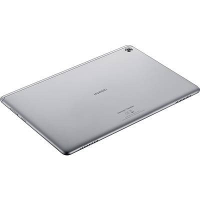 A silver Huawei tablet viewed from above. The logo and camera are visible. The device has slim bezels and a modern design.