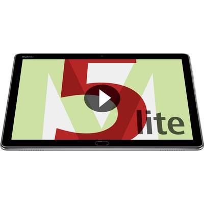 Huawei tablet with a large display, showing 'M5 lite' in red and green letters. A playback symbol is positioned in the centre.