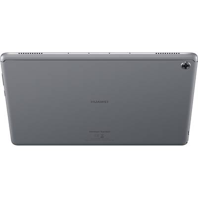 Back of a grey tablet with 'HUAWEI' logo in the centre and 'harman/kardon' text at the bottom. Camera located in the top right corner.