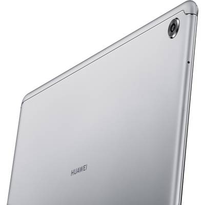 Silver tablet from Huawei, showing the back with the camera in the top corner and the Huawei logo in the centre.