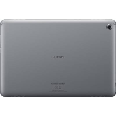 Grey back of a Huawei tablet with the logo in the centre and harman/kardon lettering at the bottom. Camera in the top right corner.