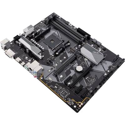 Black motherboard with multiple ports and expansion slots. RAM sockets and a CPU socket are clearly visible.
