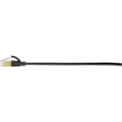 Black Ethernet cable with RJ-45 connector on white background, used for networking computers.