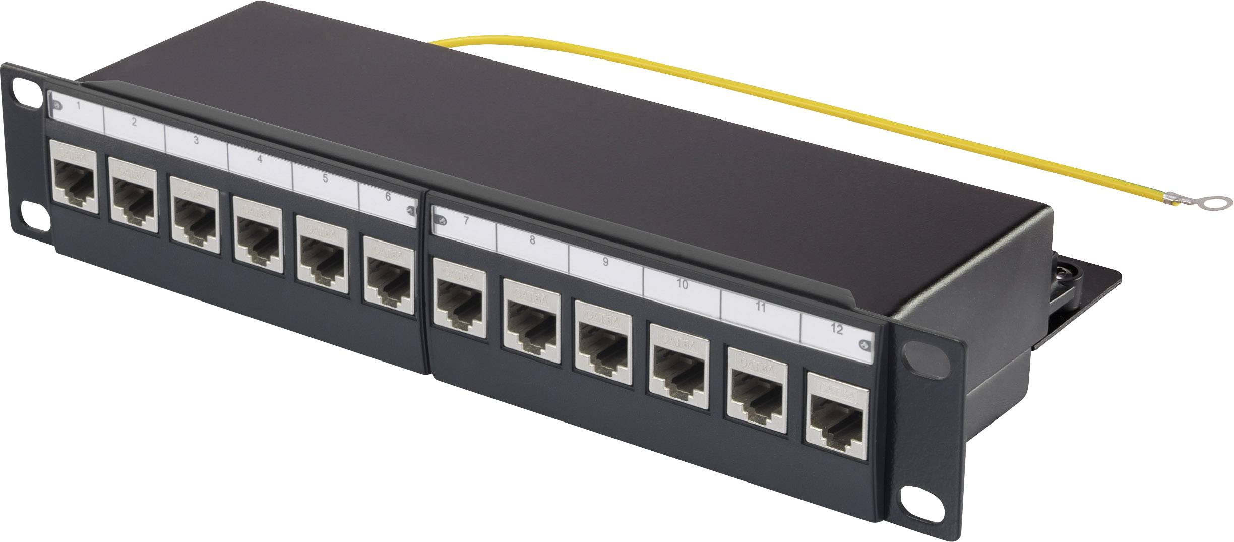 'Patch panel with 24 RJ45 ports, connected yellow earthing cable. Used for network cabling in server rooms.'