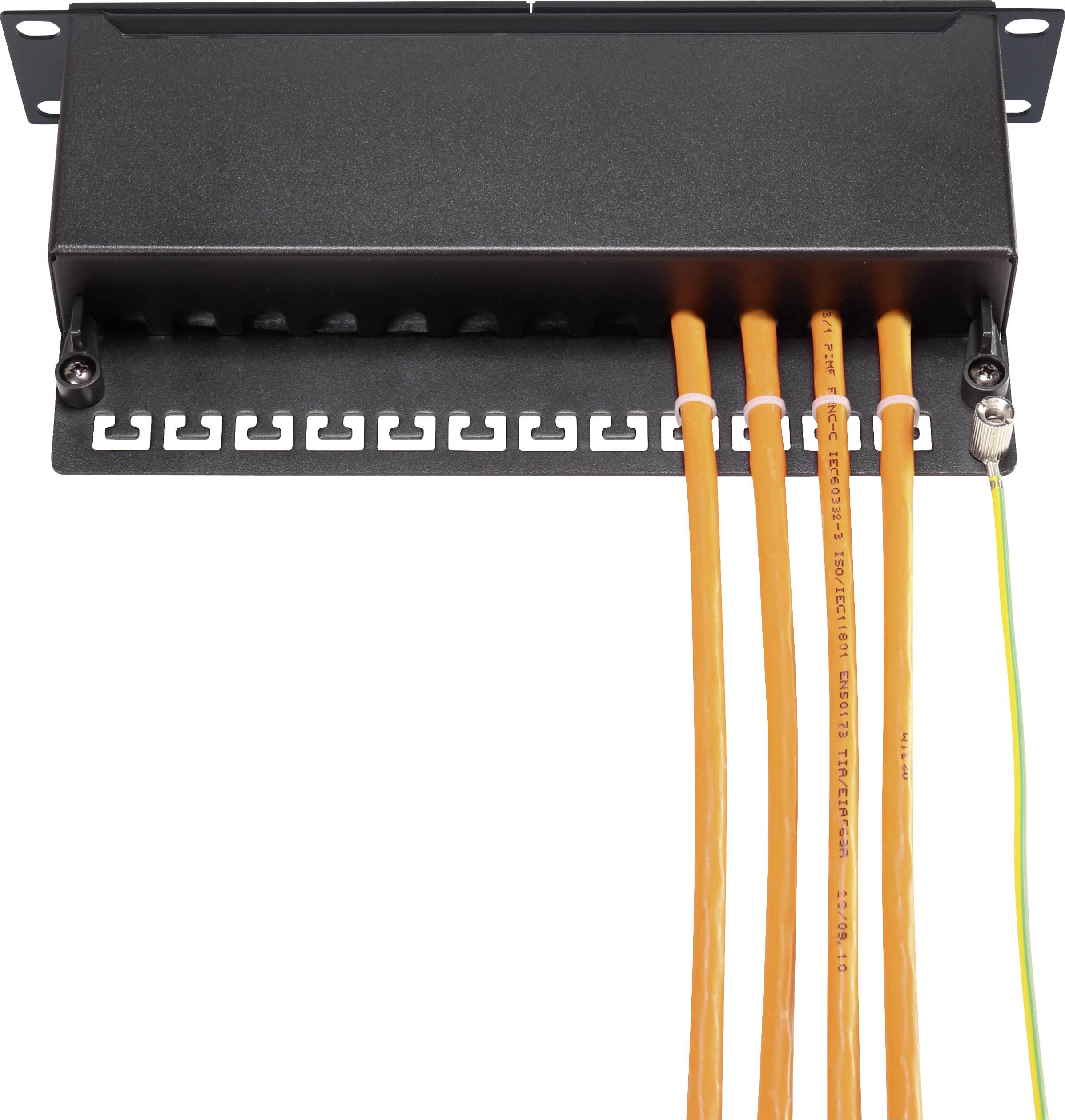 A black rack-mount enclosure with several connected orange fibre optic cables on the right-hand side.