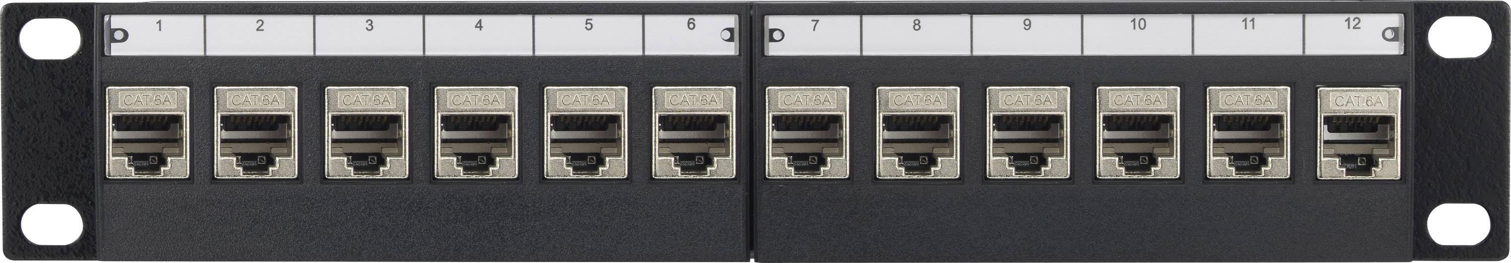 A patch panel with 12 RJ45 ports, numbered from 1 to 12, mounted on a black bracket, used for network cabling.