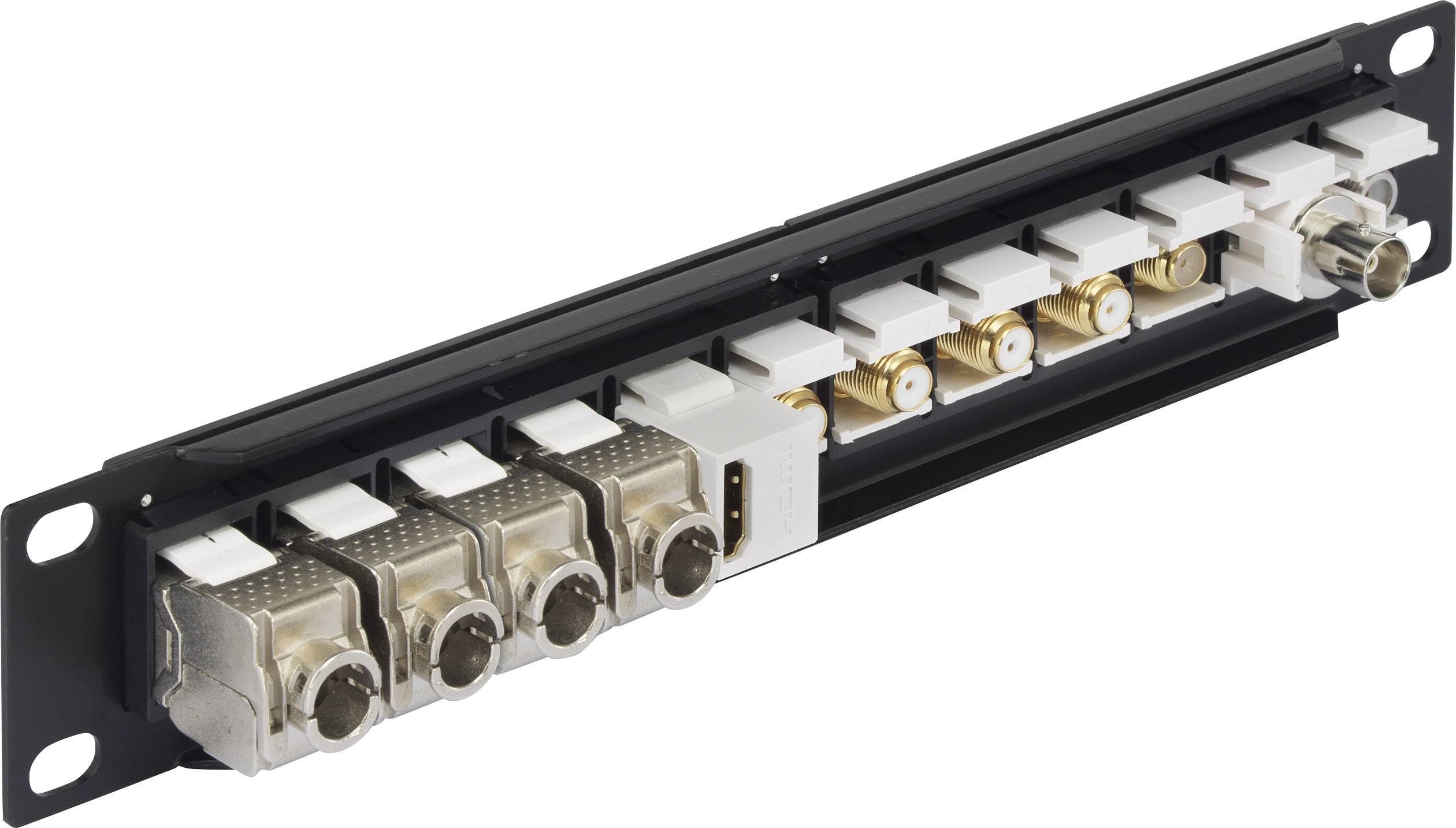 A black rack panel with multiple connection modules, including BNC and VGA ports, for audio and video signal connections.