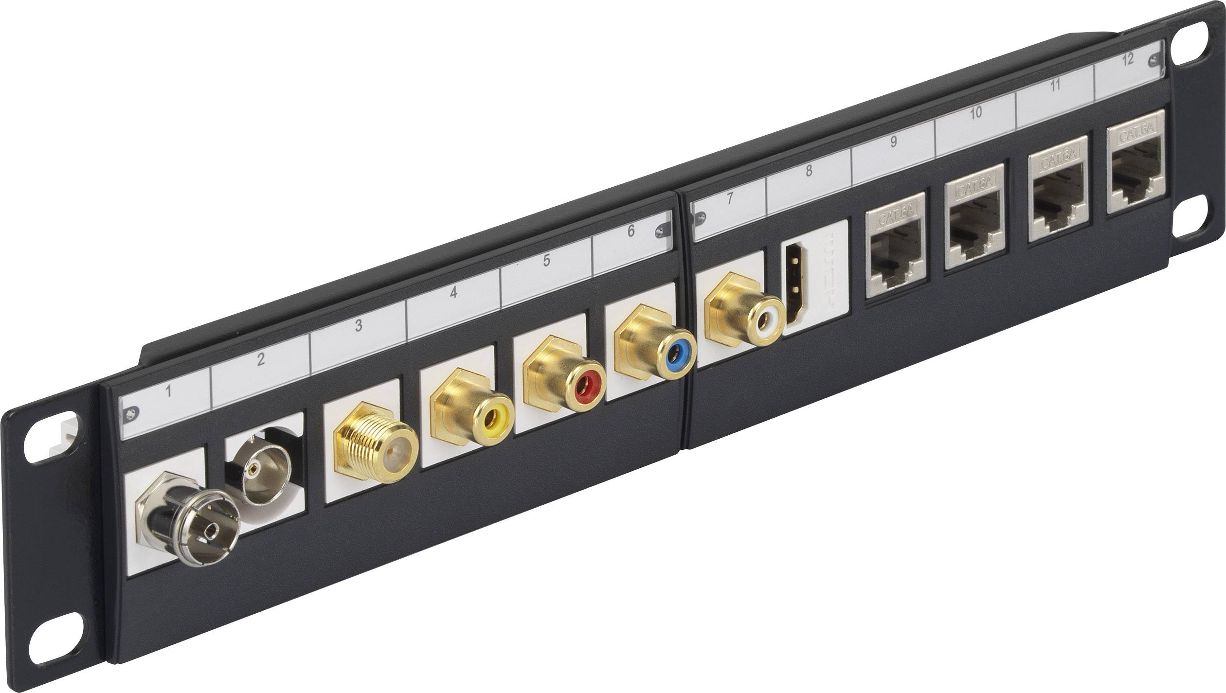 'Patch panel with coaxial, HDMI, USB and Ethernet ports in a row. Labelled from 1 to 9.'