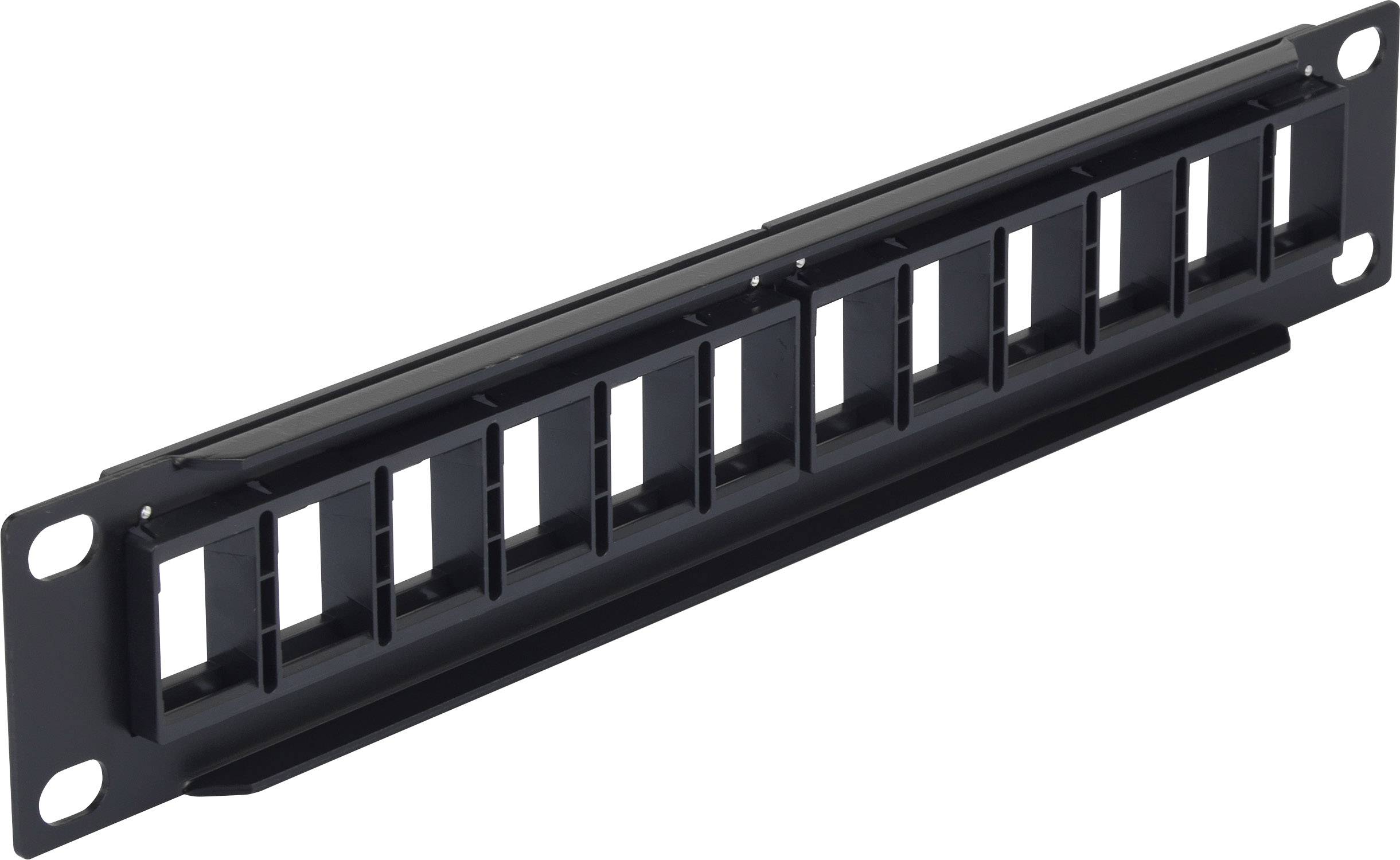 A black 1U patch panel, 12 ports for network cabling, for mounting in a server rack.