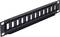A black 1U patch panel, 12 ports for network cabling, for mounting in a server rack.