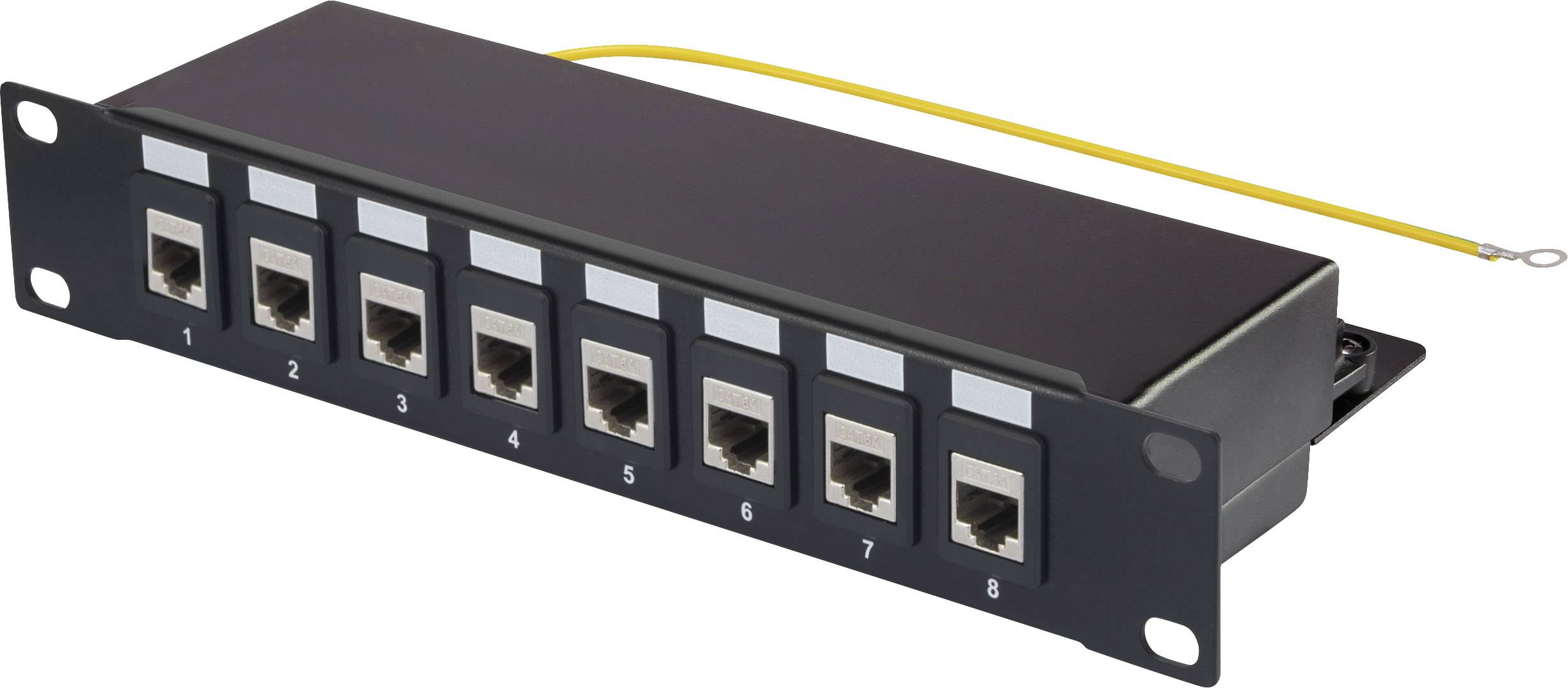 A black patch panel with eight Ethernet ports, numbered from 1 to 8, and a yellow earthing cable on the rear.