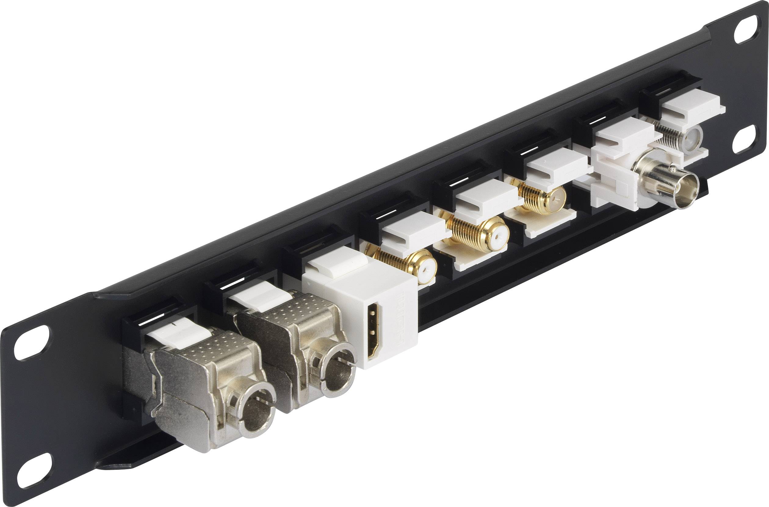 A patch panel with multiple ports, including RJ45 and coaxial connectors, mounted on a black metal frame.