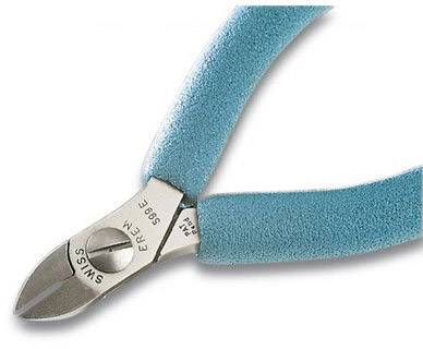 Teal-coloured stainless steel pointed pliers with ergonomic handles, used for precision cutting work.