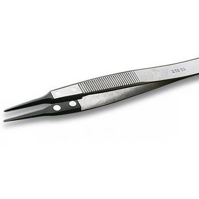 Metal tweezers with a fine tip and textured handle; suitable for precision work.