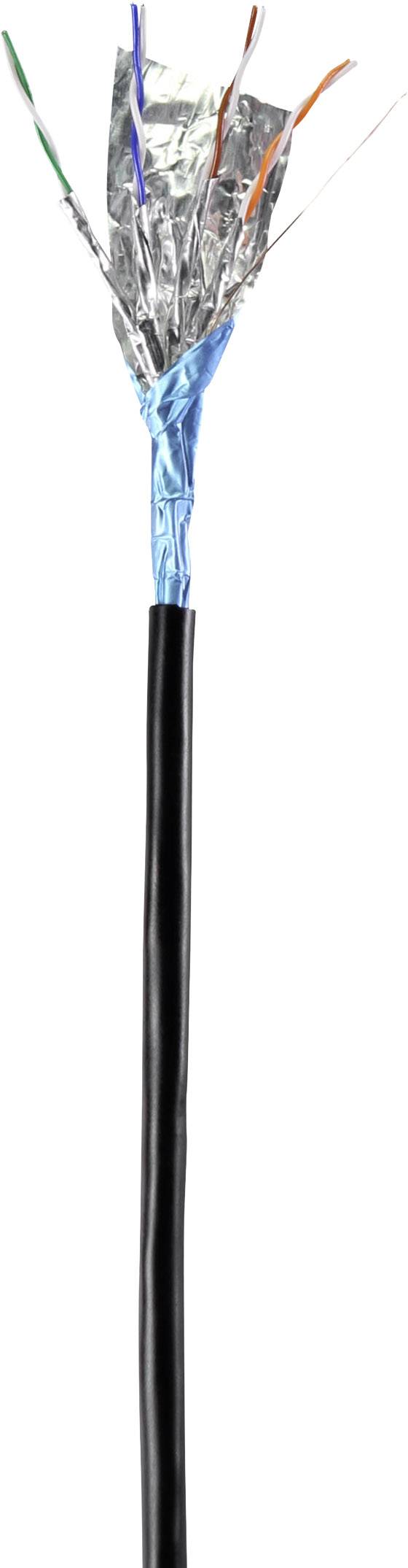 Cable with exposed wires and metal shielding, showing internal structure and insulation, typical of network cables.