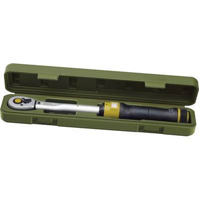 Torque wrench in an open green plastic case. Tool with a black handle and adjustable head, suitable for precise tightening.
