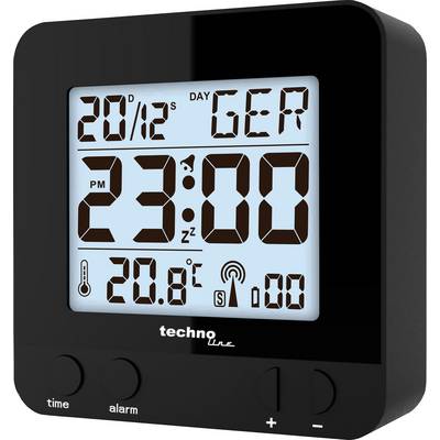 Black digital alarm clock shows 20 December, 23:00. Temperature: 20.8°C. DCF77 radio-controlled clock and alarm symbols visible.