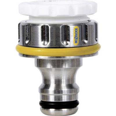 Metallic adapter with a yellow ring and white handle, Hozelock logo visible on the side. Connects garden hose to tap.