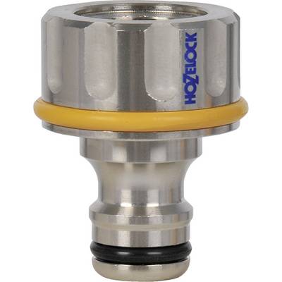 Metallic tap connector with yellow sealing ring and 'Hozelock' logo, for garden hose systems.