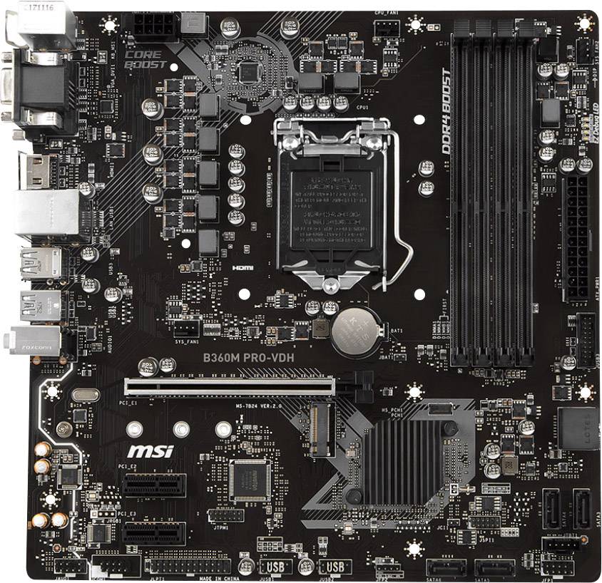 MSI B360M PRO-VDH Motherboard PC base Intel® 1151v2 Form factor (details) Micro-ATX Motherboard chipset Intel® B360-1