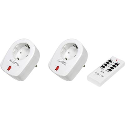 Two white radio socket adapters and a remote control with black buttons. Adapters have a red LED indicator.