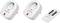 Two white radio socket adapters and a remote control with black buttons. Adapters have a red LED indicator.