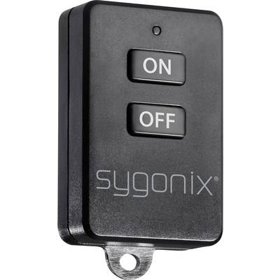 'Remote control with two buttons: ON and OFF. Logo: sygonix. Black casing with loop at the bottom.'