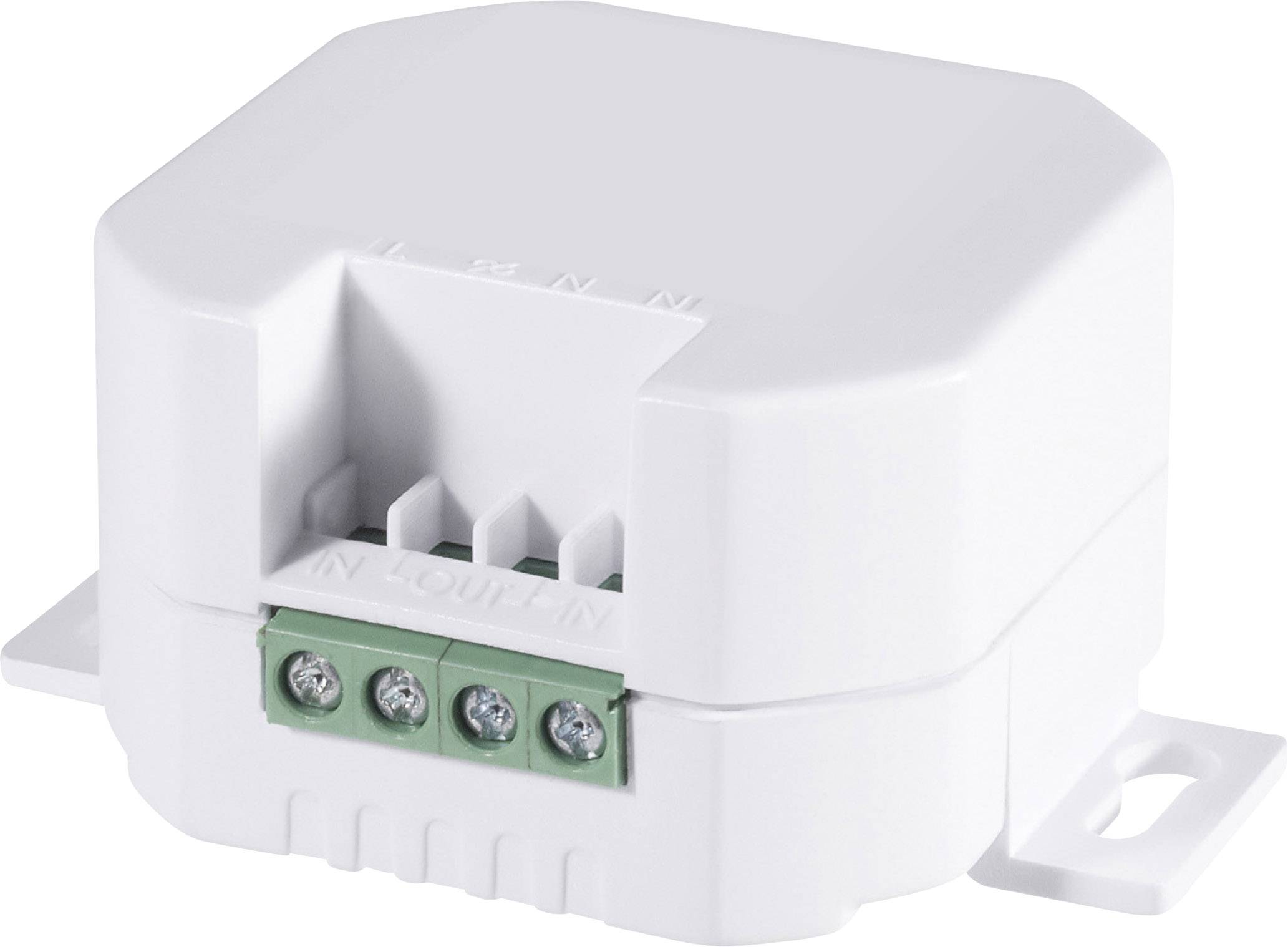 A white, electronic device with four green terminal connectors on the front, suitable for electrical installations.