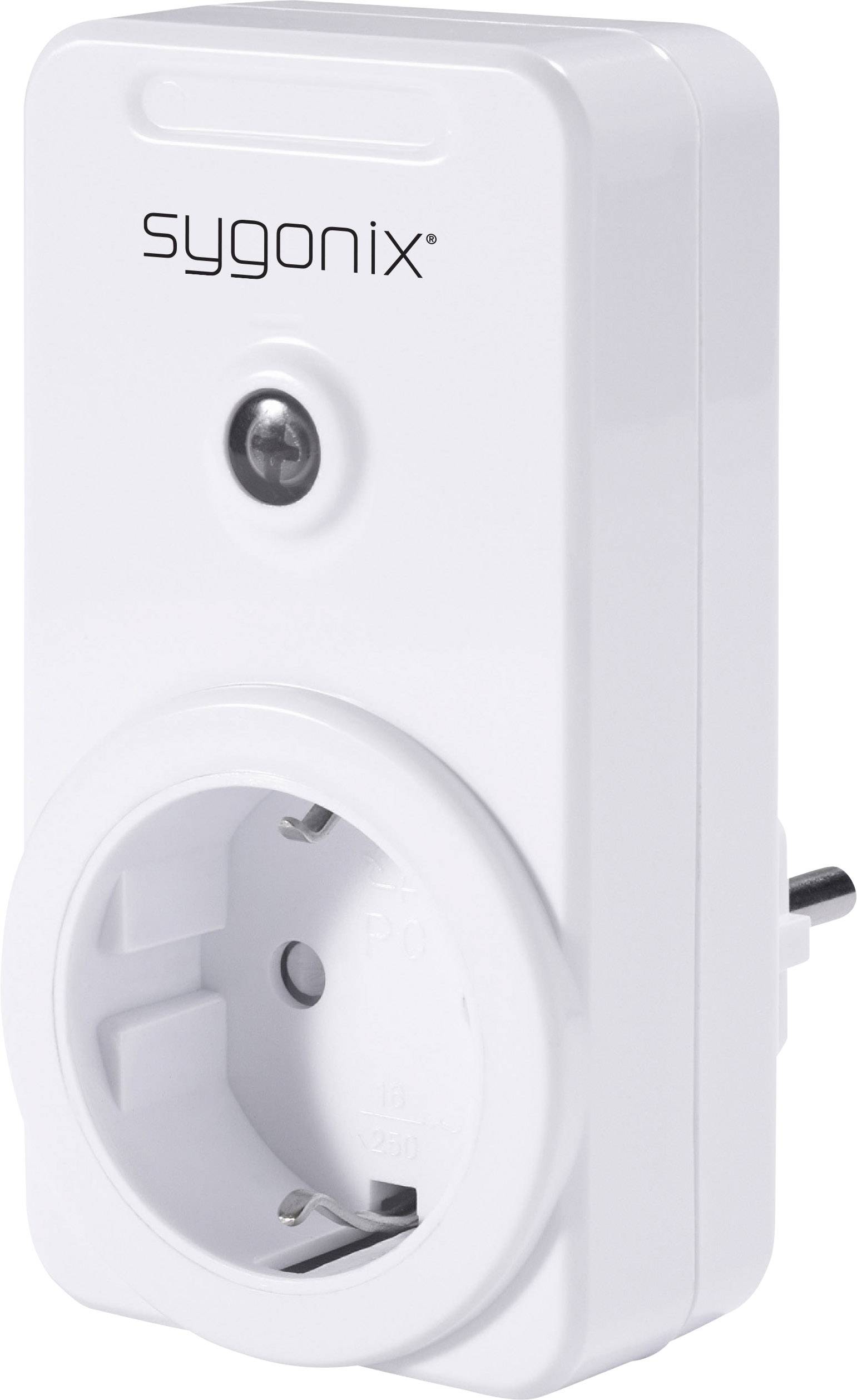 A white, rectangular timer switch with a socket and the label 'sygonix', which is plugged into a wall socket.