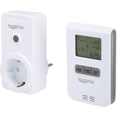 A white, programmable socket and a thermostat with display screen and control buttons for temperature and humidity regulation.