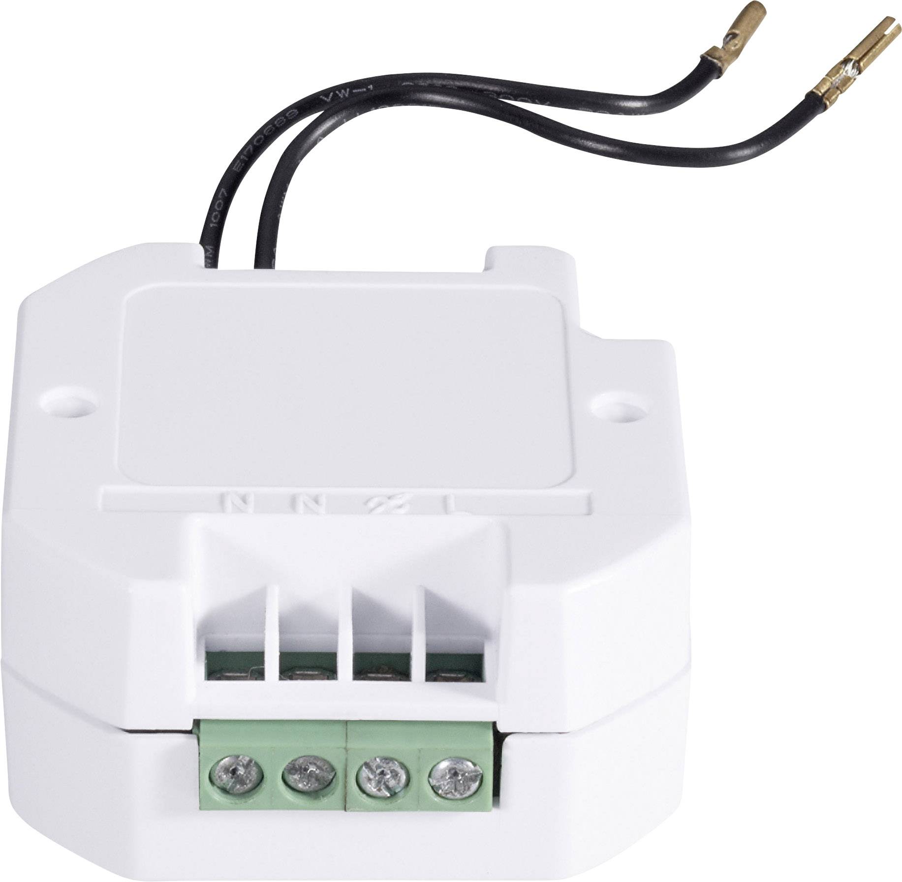 A white electronic switch with cable connections. It has three marked terminal connections for electrical connections.