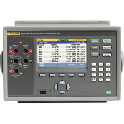 Electronic measuring device with digital display shows measurement channels, temperatures, and timestamps. Control elements and connections visible.